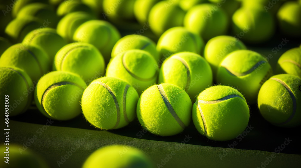 Closeup of a plenty of tennis balls on an empty tennis court, the sunshine. Sports lifestyle concept. Generative AI