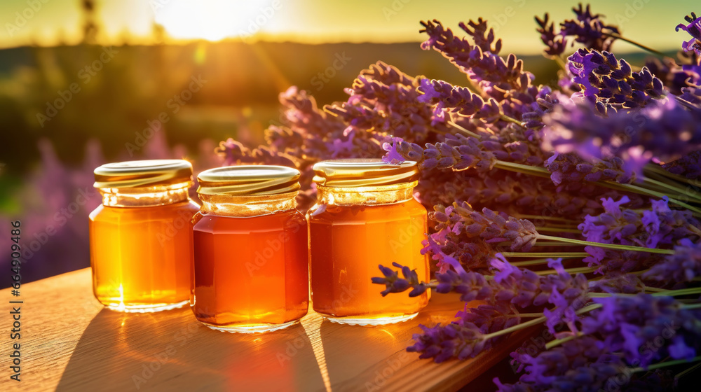 Jars of organic flower honey on a wooden table, with lavender, sunset in the background. Generative AI