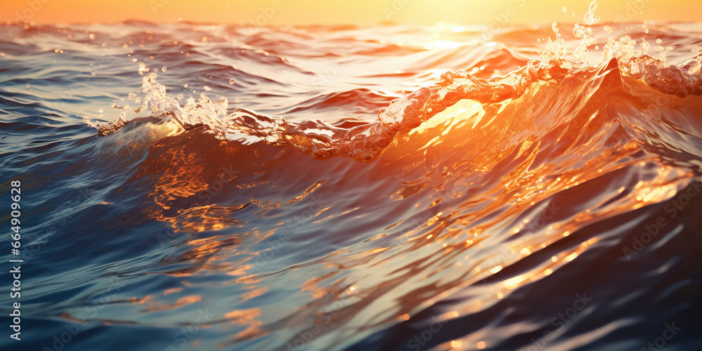 Closeup of the ocean wave. The sea in the light of summer sunset. Travel, vacation concept. Generative AI