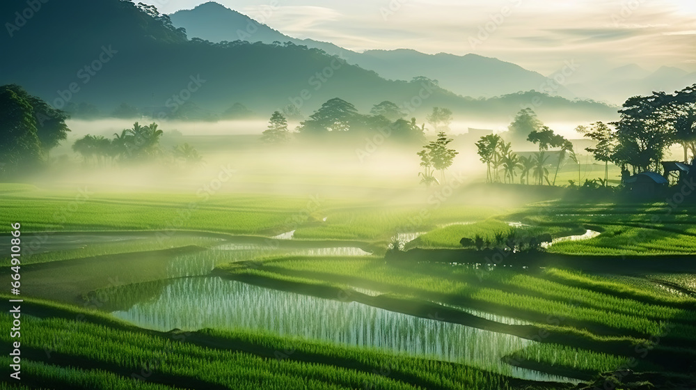 Beautiful mystery green rice fields covered by morning fog, mountain in the background. Generative AI