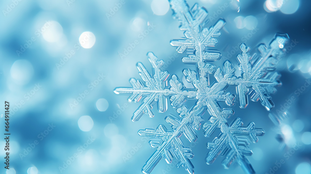 Close up of a glossy snowflake, macro photo of snow crystals on blue background. Generative AI