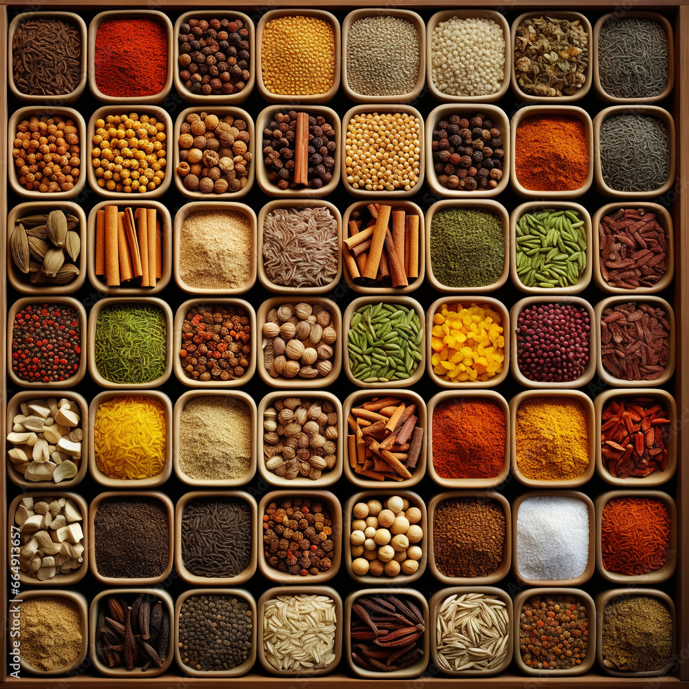 Collection of different aromatic spices and seeds in a wooden cells on black background, view from above. Generative AI