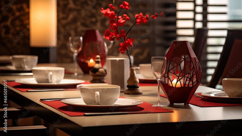 Beautiful table setting for Valentines Day celebration in restaurant, closeup