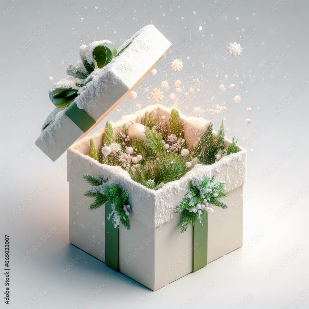 Open gift box with green ribbon and christmas decoration on white background