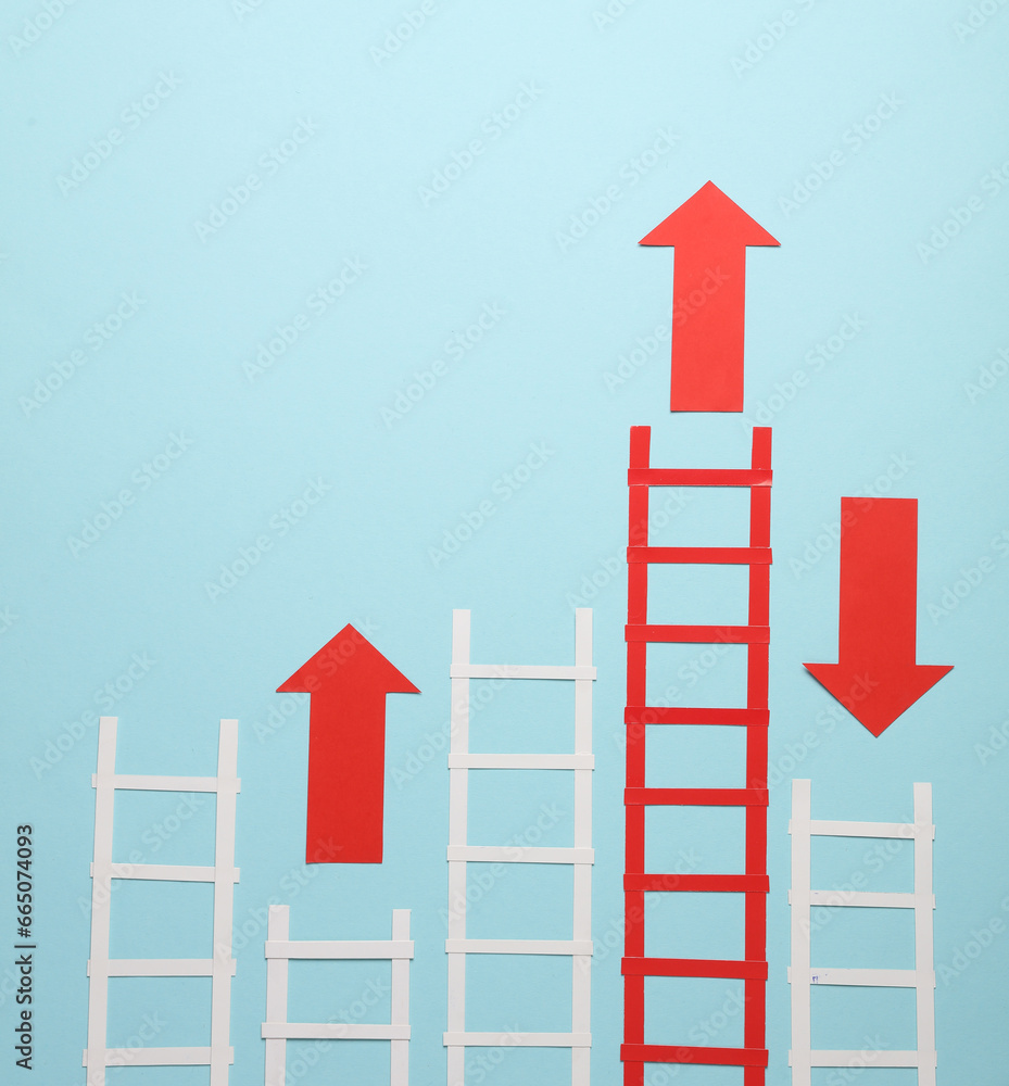 Paper red and white stairs and arrows on blue background. Business concept