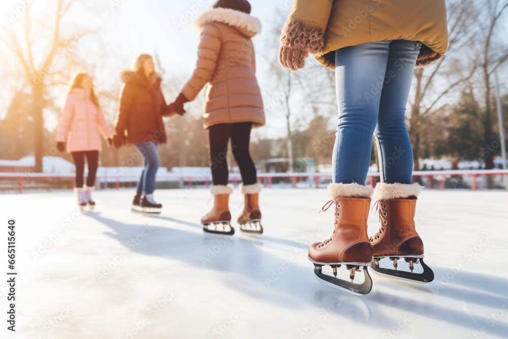 Children friends group skating on outdoor skating rink. Legs in skates close-up