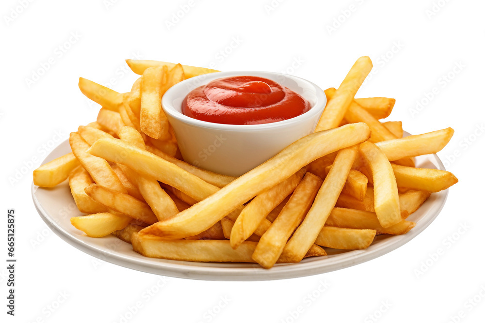 Isolated French Fries with Ketchup on transparent background.