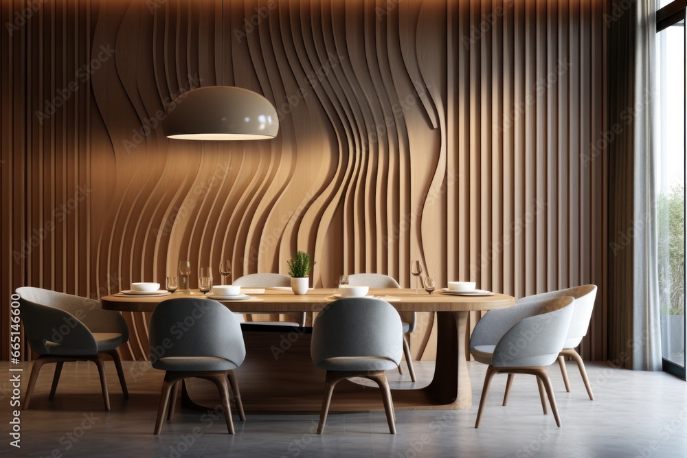 Simplistic Interior Design for a Modern Dining Room with an Arched Abstract Wood Paneled Wall