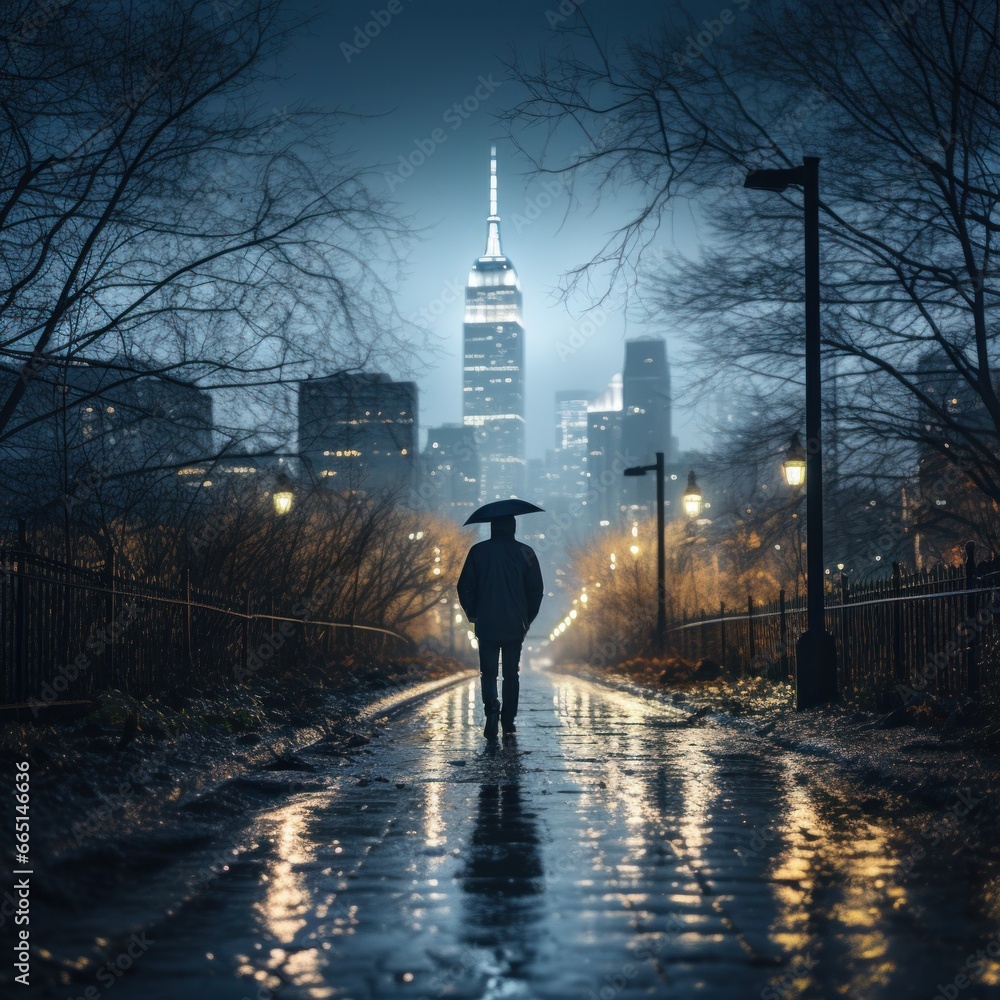 Man walking in the rain with city skyline in background