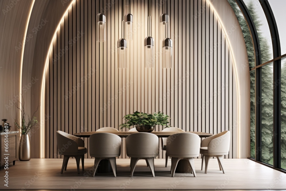 Simplistic Interior Design for a Modern Dining Room with an Arched Abstract Wood Paneled Wall