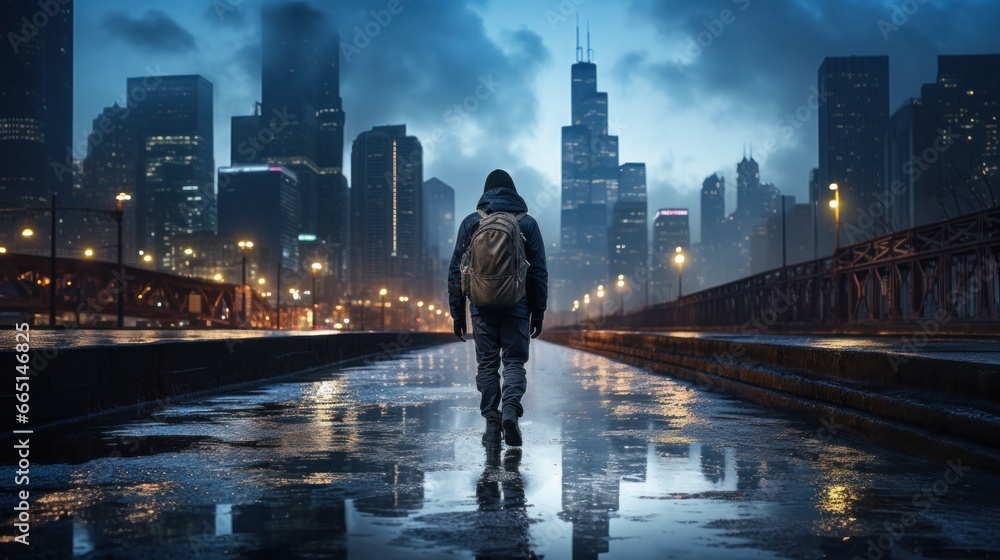 Man walking in the rain with city skyline in background