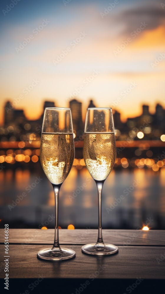 Champagne flutes with a sparkling cityscape in the background