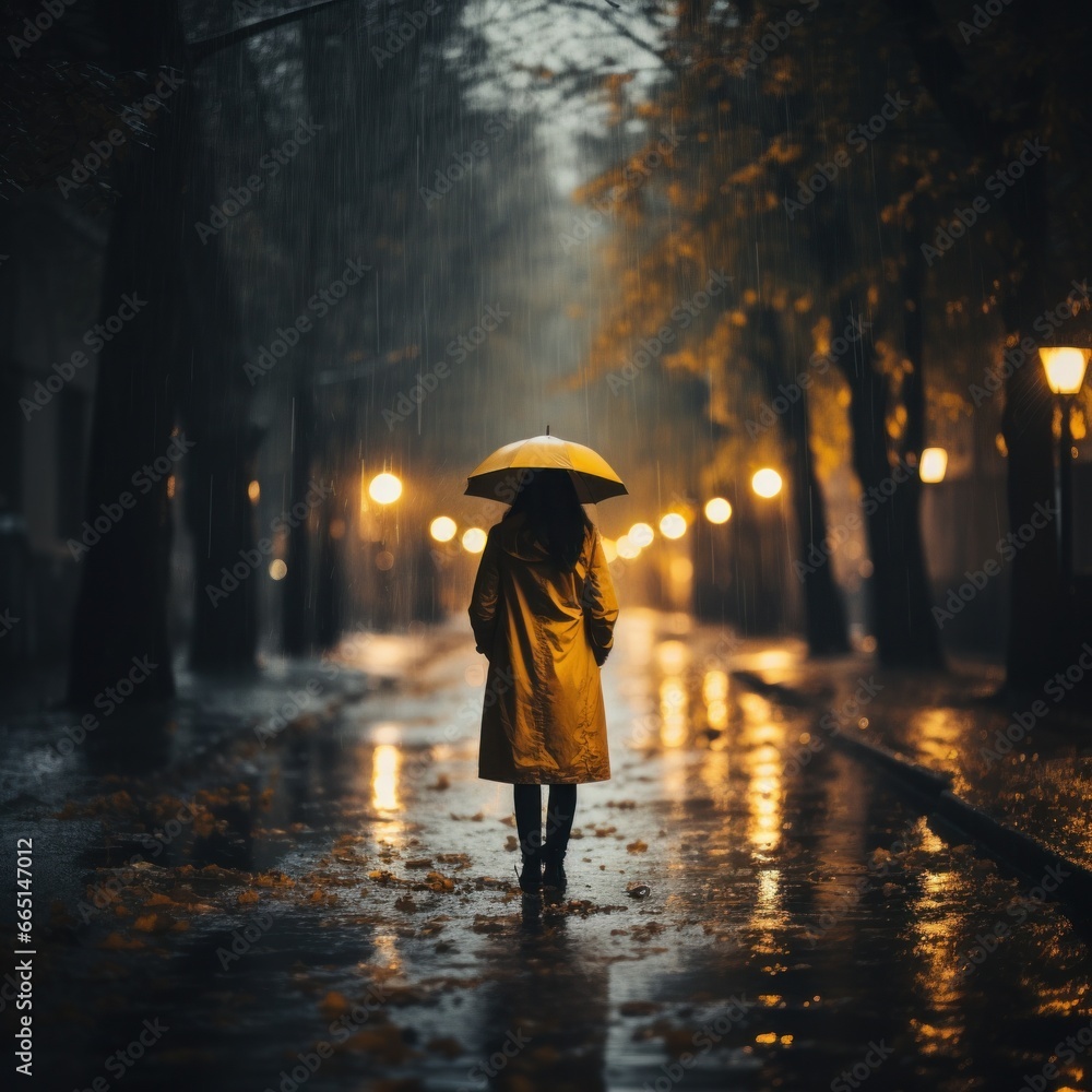 Woman in yellow raincoat with umbrella in the rain