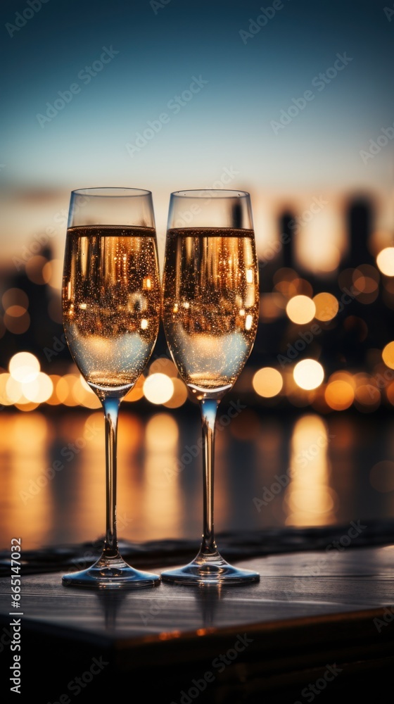 Champagne flutes with a sparkling cityscape in the background