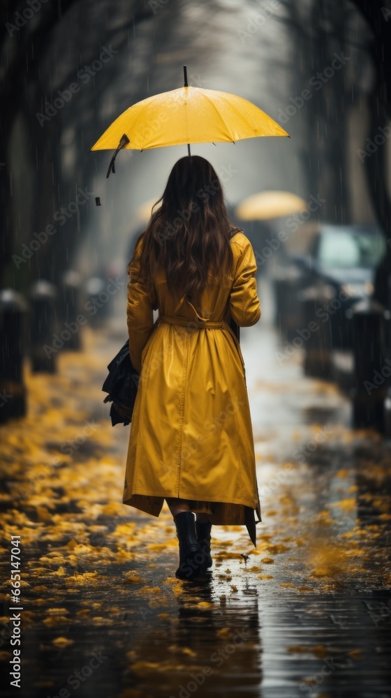 Woman in yellow raincoat with umbrella in the rain