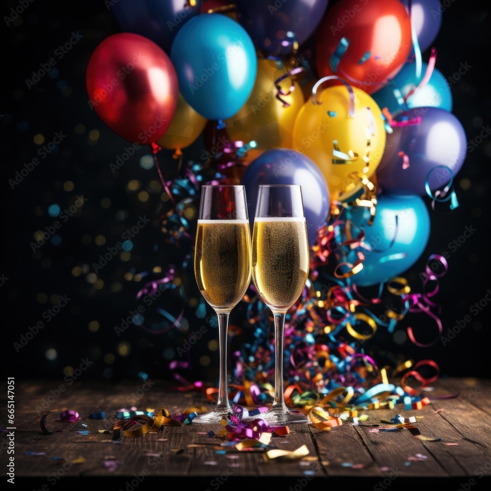 Champagne glasses surrounded by colorful balloons and streamers