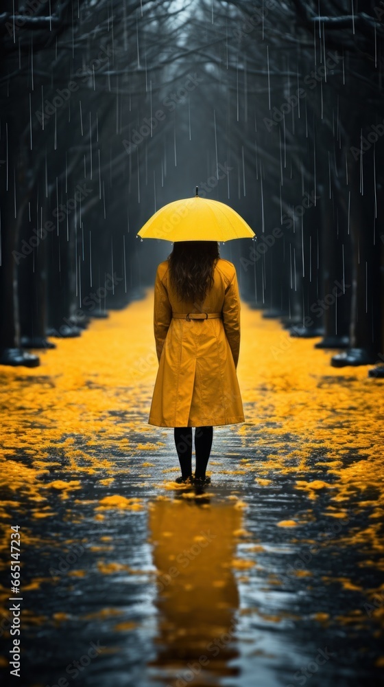 Woman in yellow raincoat with umbrella in the rain