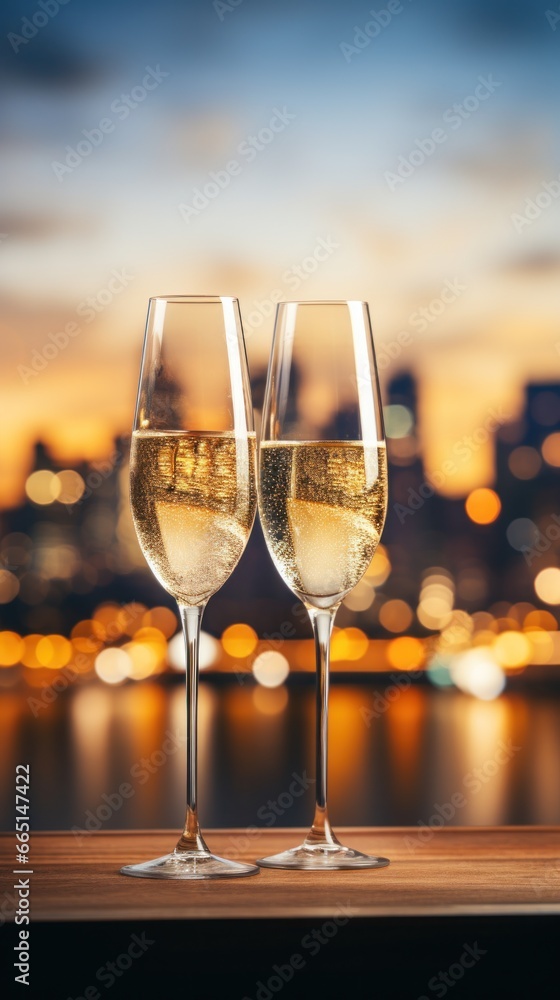 Champagne flutes with a sparkling cityscape in the background