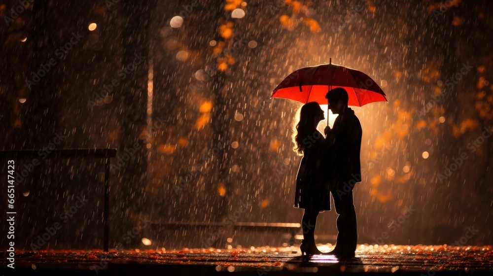 Couple under one umbrella in the rain