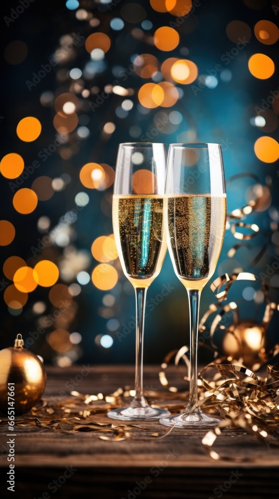 Champagne glasses surrounded by colorful balloons and streamers