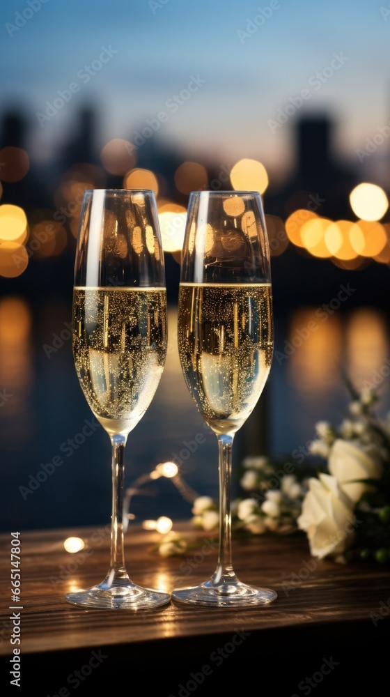 Champagne flutes with a sparkling cityscape in the background