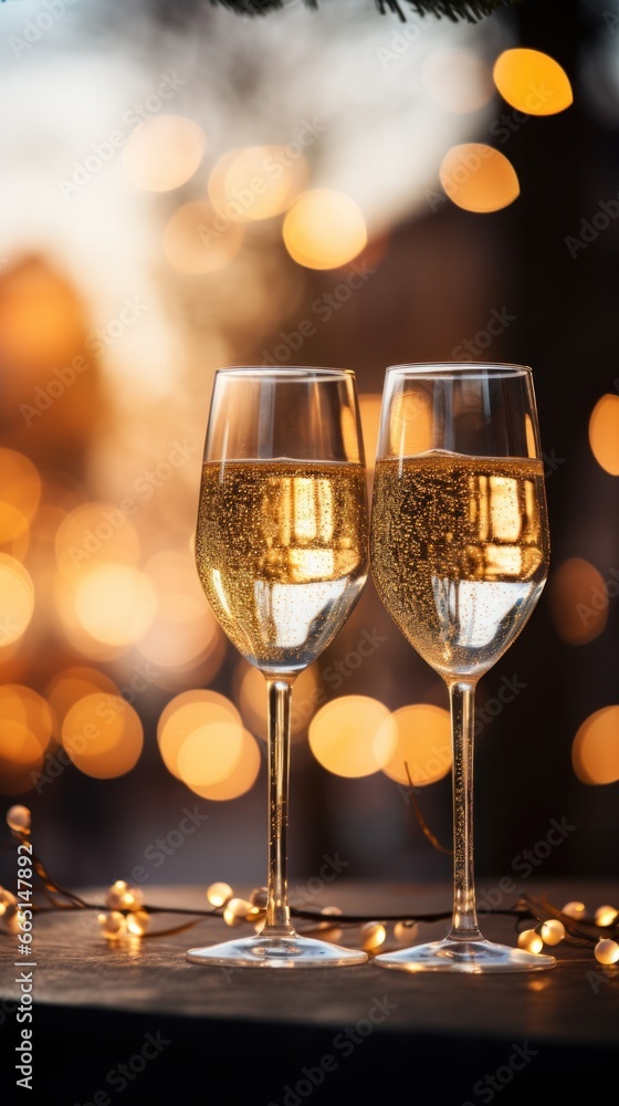 Two champagne flutes with a bright bokeh-filled background