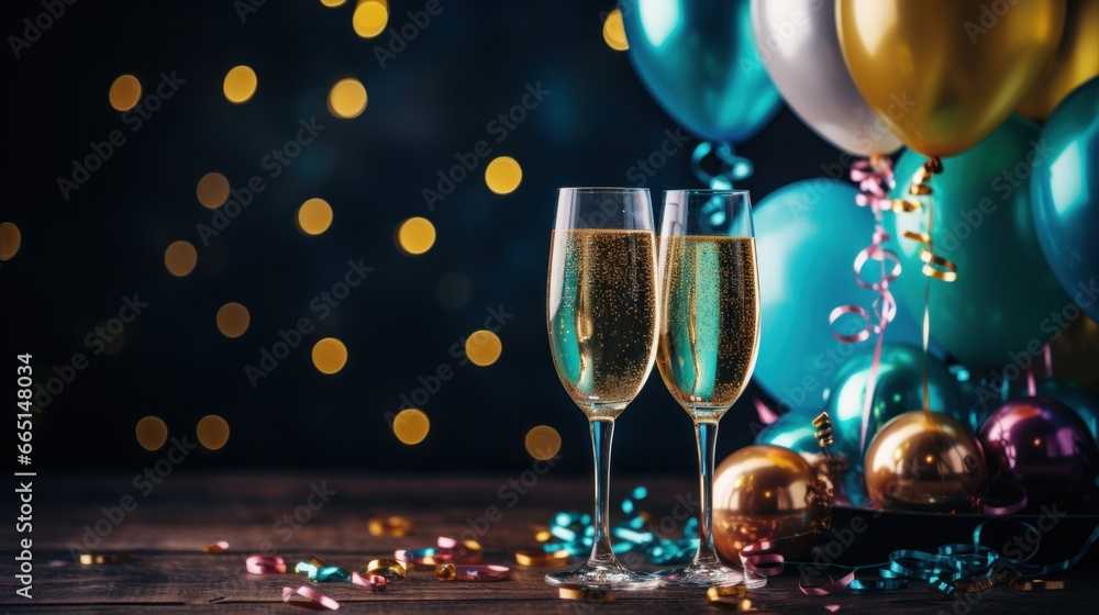 Champagne glasses surrounded by colorful balloons and streamers