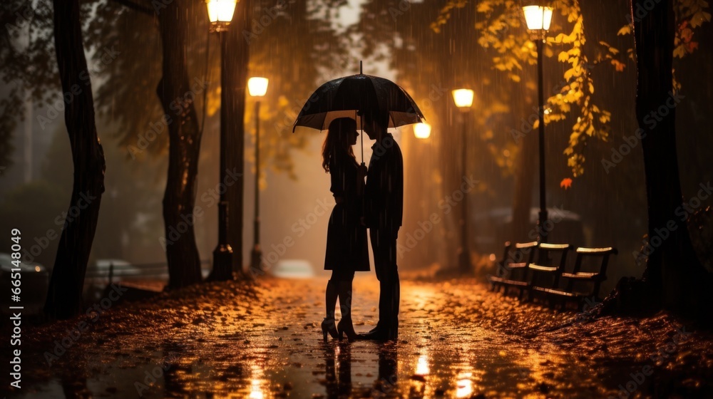 Couple under one umbrella in the rain