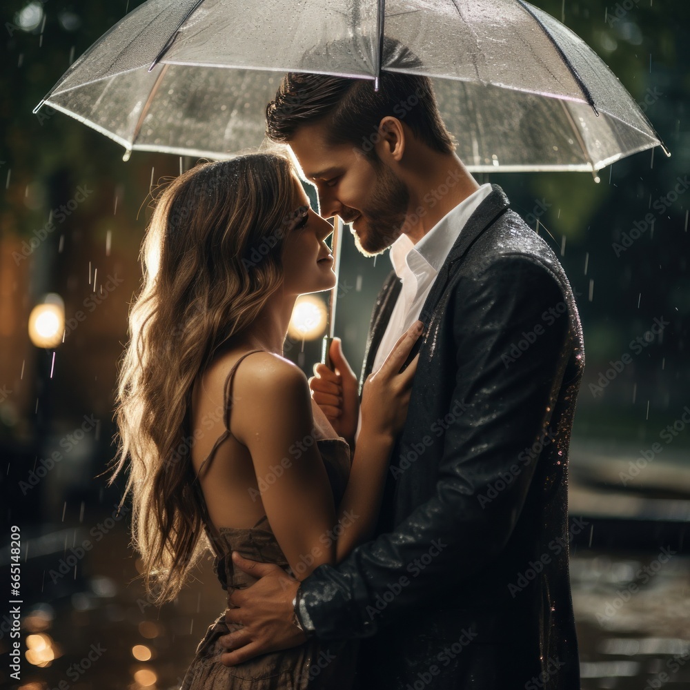 Couple under one umbrella in the rain