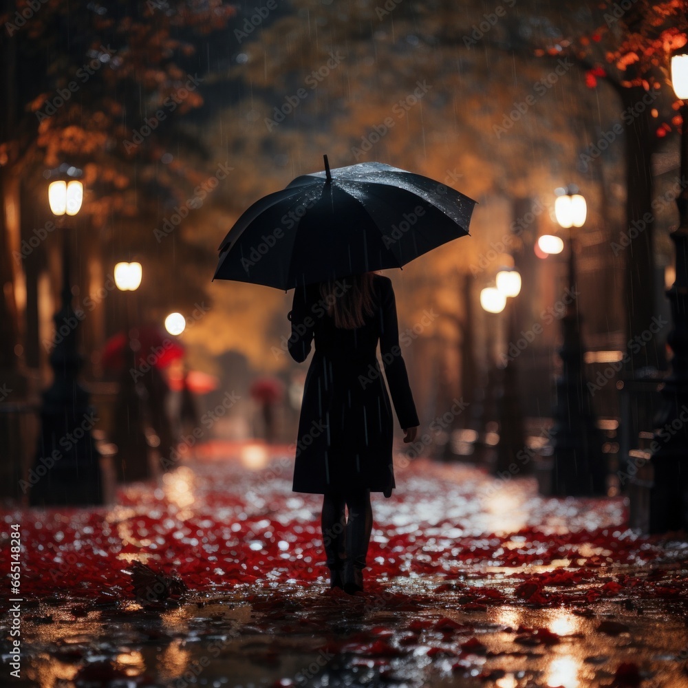 Young woman with red umbrella in the rain