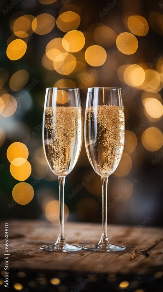 Two champagne flutes with a bright bokeh-filled background