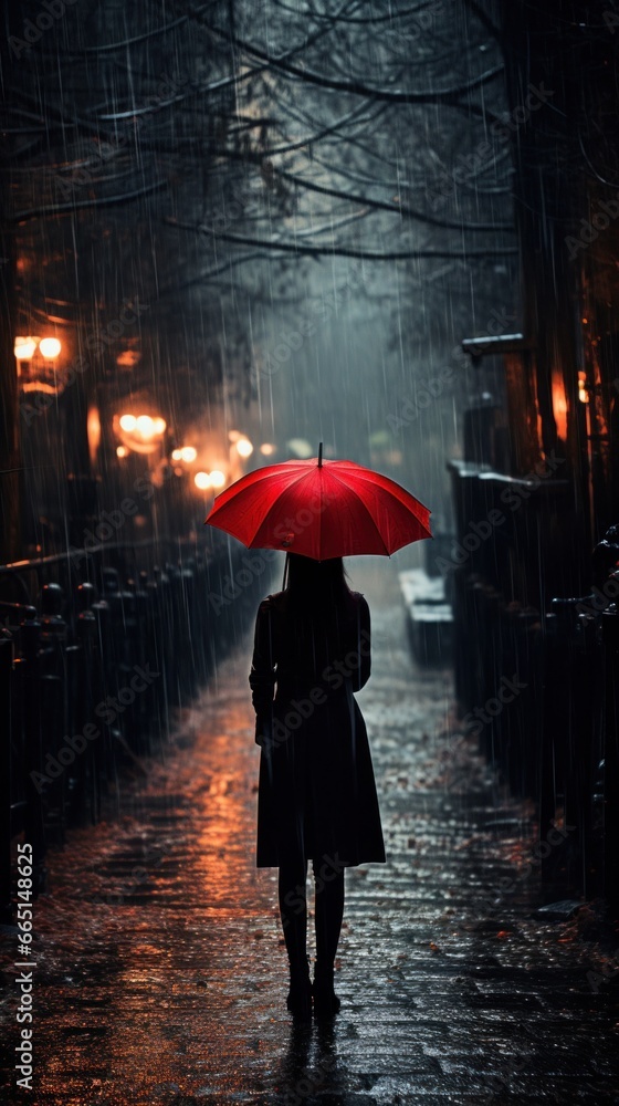 Young woman with red umbrella in the rain