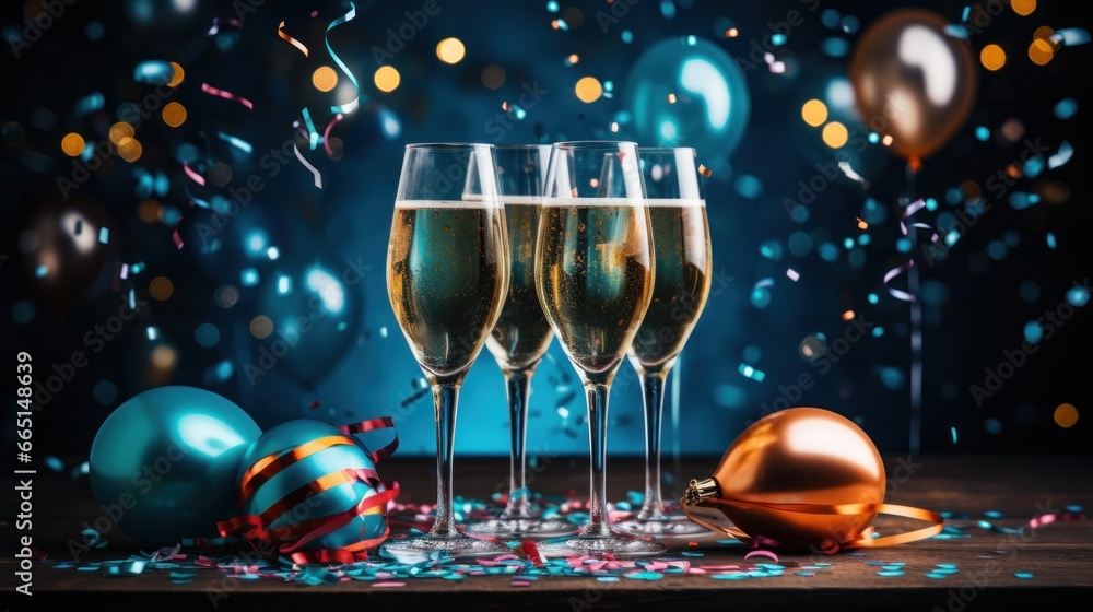 Champagne glasses surrounded by colorful balloons and streamers