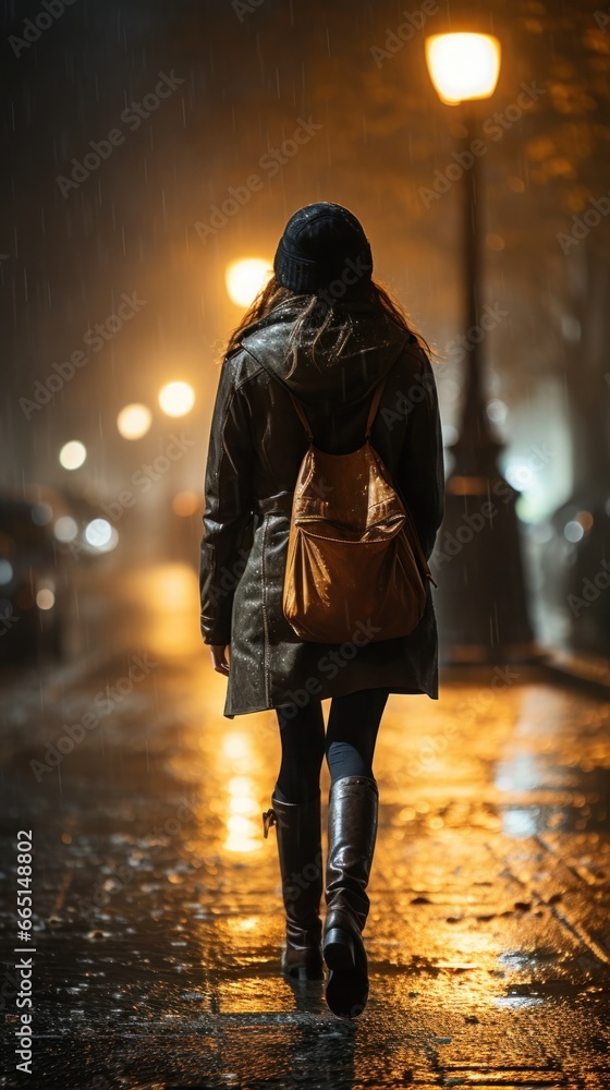 Woman walking alone in the rain