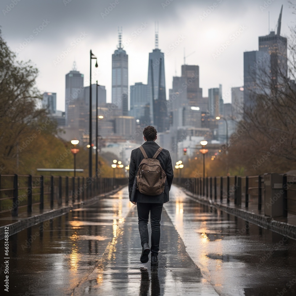 Man walking in the rain with city skyline in background