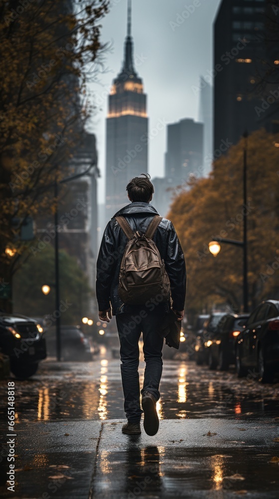 Man walking in the rain with city skyline in background