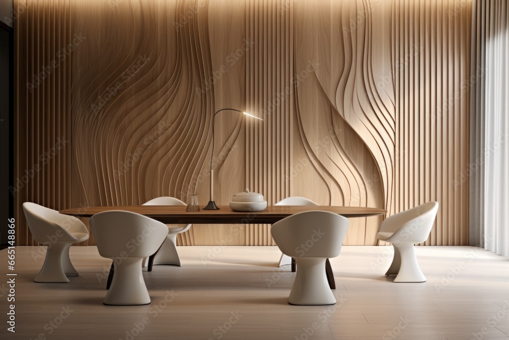 Simplistic Interior Design for a Modern Dining Room with an Arched Abstract Wood Paneled Wall