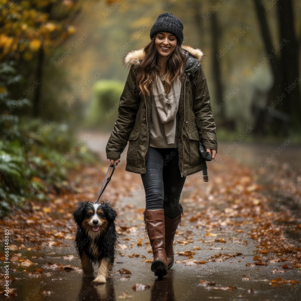 Woman walking her dog in the rain with umbrella