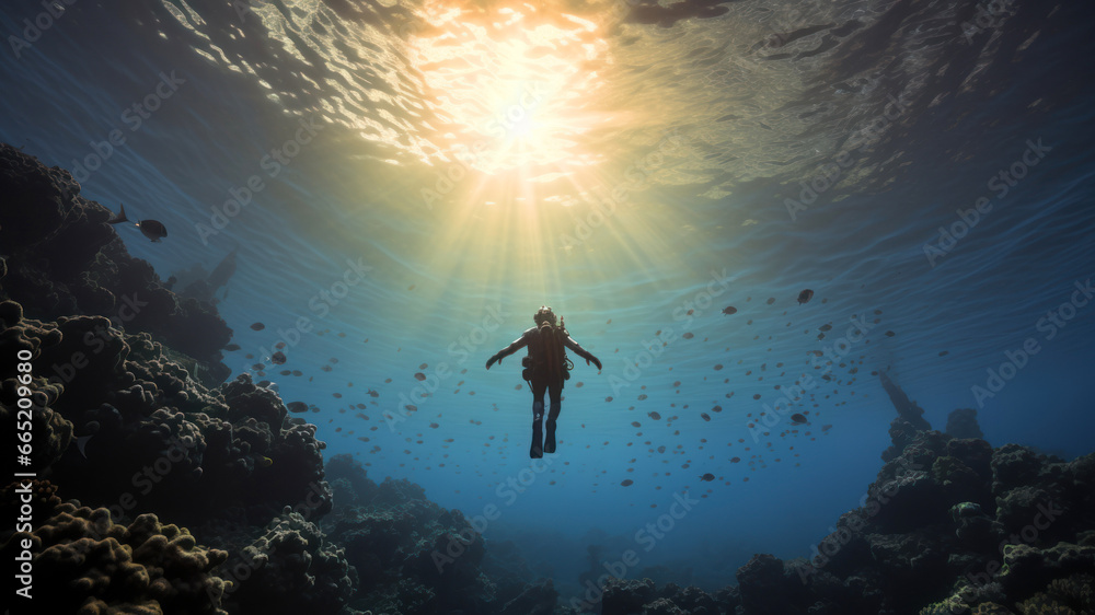 Silhouette of diver in the sea. 3d rendering.