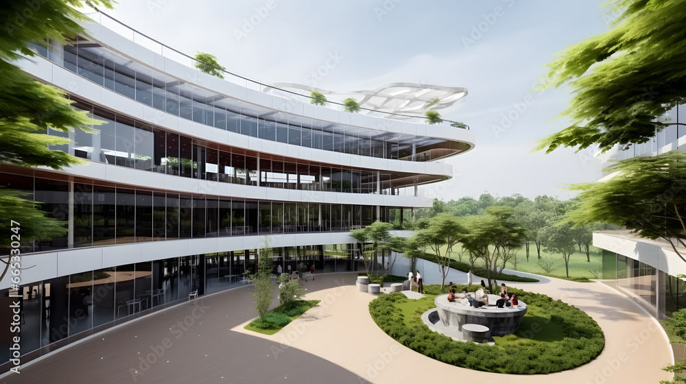 Modern office green building. Panoramic view,Eco - friendly building in the modern city.  Sustainable glass office building with tree for reducing heat and carbon dioxide,Corporate building reduce CO2