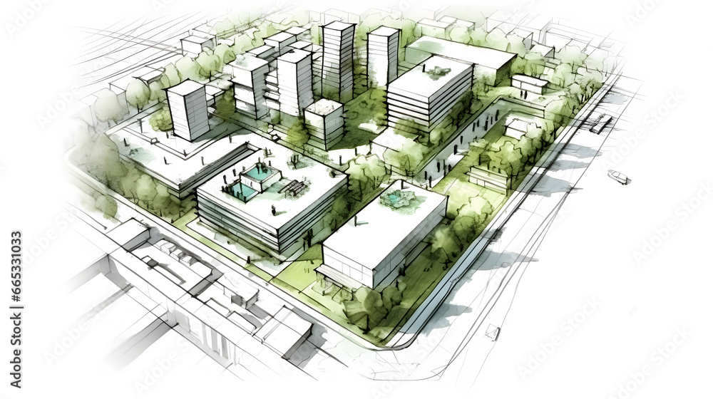 Urban project planning. Green sustainable design, creating eco friendly spaces, promoting energy efficiency, and integrating renewable energy sources for a low impact urban environment