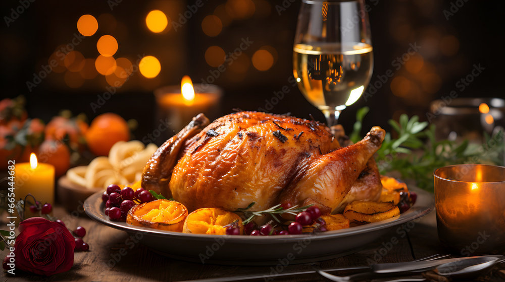 thanksgiving dinner table set up with roast turkey and candles fall autumn 