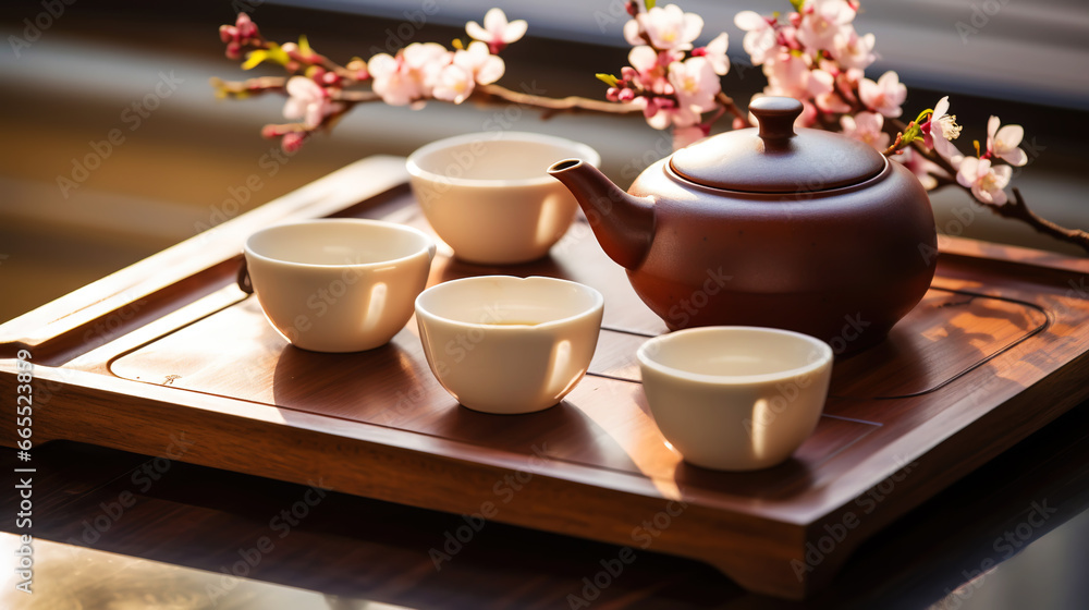 Tea ceremony, traditional teapot and ceramic cups on wooden tray on light background with sakura blossoms. Generative AI