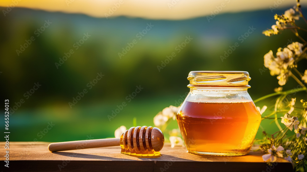 Close-up of a jar of honey with a honey dipper on a wooden table with a green natural background. Generative AI