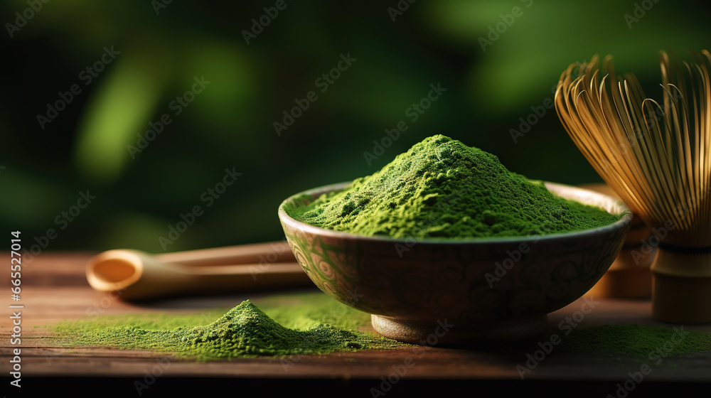 Closeup of matcha tea powder in a wooden plate with whisk on dark background, side view, copy space. Generative AI