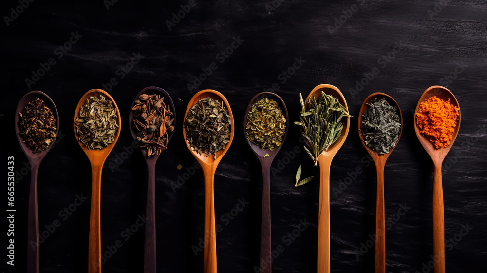 Different types of tea and herbs in vintage wood spoons, top view on dark background. Copy space. Generative AI