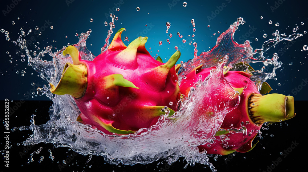 Fresh pitaya with water splashes on dark background. Generative AI