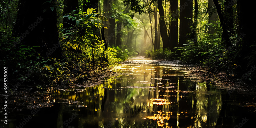 Swamp forest with a light mist. Quagmire in the spring green forest. Generative AI