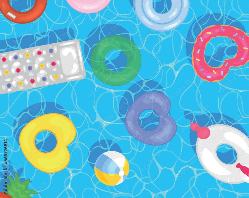 Different inflatable rings and mattresses in swimming pool, top view