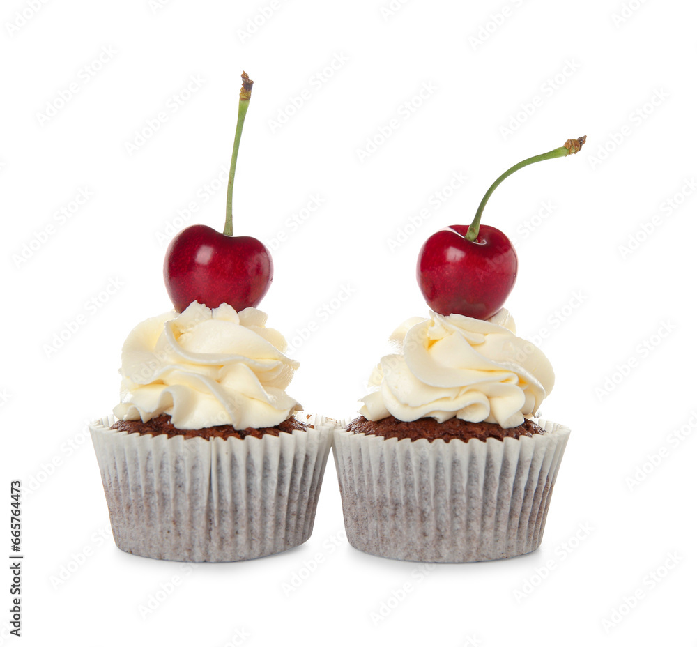 Tasty cherry cupcakes on white background